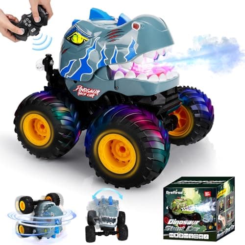 Drefirsa Remote Control Car for Boys 4-7 8-12, Dinosaur Monster Truck Toys with 50min+ Runtime, Spray, LED Light, 360° Rotating & 90° Driving, RC Stunt Car for Kids Birthday