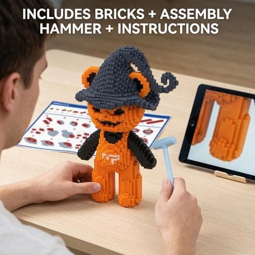 SehrKlug 14.96" Pumpkin Witch Teddy Blocks Bear Building Bricks Set, Micro Blocks Challenge for Adults, Ages 14+, Collectible Decor for Bedroom, Office or Bookshelf, Screen-Free Stress Relief Gift - Thumbnail 4