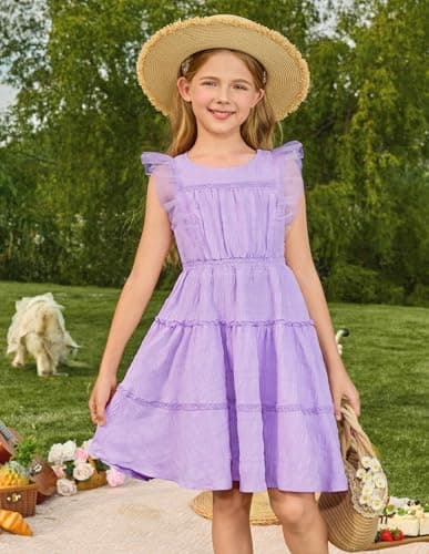 GRACE KARIN Girls Sleeveless Summer Dress, Ruffle Tiered Easter Spring Party Dresses for Little Kids Size 7,Lilac Purple - Thumbnail 6