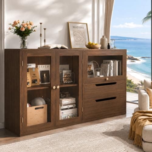 Easyego 63‘’Storage Cabinet,Sideboard Buffet Cabinet with Glass Doors and Drawers,Modern Wood Coffee Bar for Kitchen, Living Room,Dining Room，Entryway-Walnut - Image 1