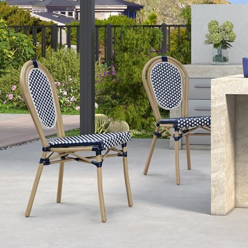PURPLE LEAF Patio Dining Chair Set of 2 Outdoor French Aluminium Frame in Champagne Finish with Navy Blue & White Woven Rattan for Indoor Kitchen Deck Bistros Cafe Restaurant - Image 1