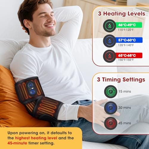 Cordless Elbow Heating Pad for Elbow & Leg Pain Relief, Heated Elbow Brace Wrap Around Wrist Heating Pad for Arm, Wrist, Ankle, Leg and Knee with 3 Heating Levels & Timer - Thumbnail 2