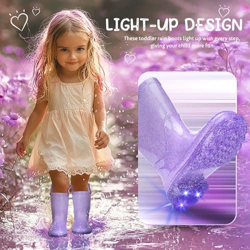 Funspread Girls Toddler Rain Boots - Glitter Light Up Kids Rain Boots with Easy-On Handles, Size 6 - Thumbnail 2