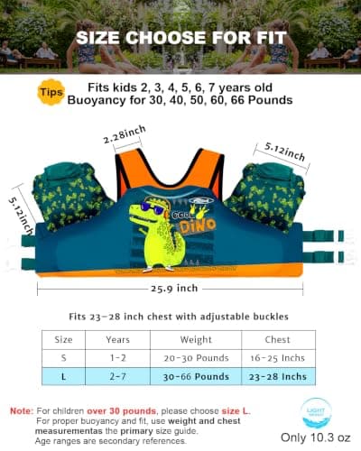 AEOCOO Puddle Float Jumper 20-30-50-60-70 Pounds, Toddler Swim Vest for 1-3-5-6-9 Years Old, Pool Floats with Swimming Arm Floaties Swim Jacket for Kids Swimmies, Boys, Girls, Niños, Cool-Dino - Thumbnail 2
