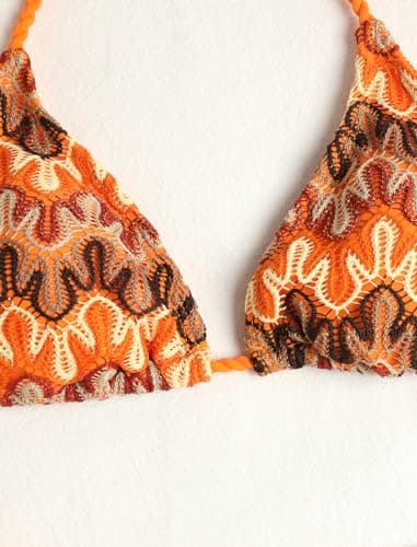 ZAFUL 2 Piece Triangle Bikini for Women Knitted Rope Halter Bikini Sets Sexy Bathing Suit Side Tie Swimsuits Beachwear Boho Orange S - Thumbnail 4