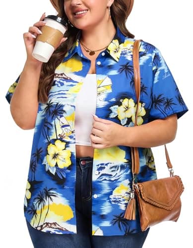 Plus Size Women Hawaiian Shirt Soft Cool Summer Hawaii Shirts Floral Tropic Print V Neck Button Down Shirts Beach Tops Blue Yellow - Image 1