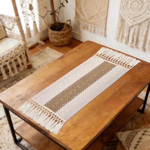 yuboo Boho Table Runner Short, Small Neutral Spring Table Runner 36 Inches, Macrame Dresser Scarf for Nightstand, Coffee Table, End Table, Bedside Table, Rustic Desk Dresser Decor - Thumbnail 4