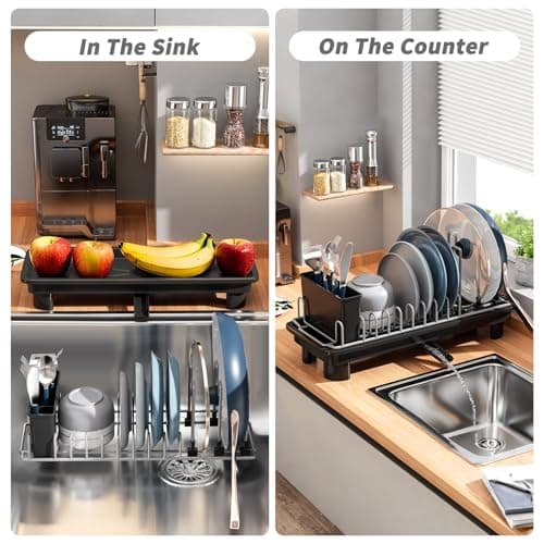 SanDream Small Dish Drying Rack with Removable Utensil Holder & Anti-Scratch Base - Stainless Steel Dish Rack, Dish Drying Rack with Drainage & Space Saving Design for Kitchen Counter, Black - Thumbnail 2
