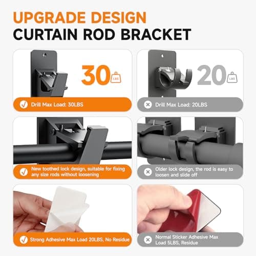 Universal Curtain Rod Holders, No Drill Curtain Rod Brackets, Self Adhesive Curtain Rod Brackets Up to 30 LB, Nail Free Curtain Rod Hooks for Bathroom, Bedroom, Livingroom, Kitchen (2PC, Black) - Thumbnail 4