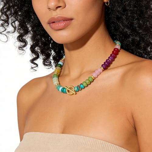 SHANTYSON Colorful Beaded Necklace for Women Rainbow Gemstone Bead Chokers Toggle Boho Natural Stone Trendy Surfer Necklaces Summer Beach Jewelry - Thumbnail 3
