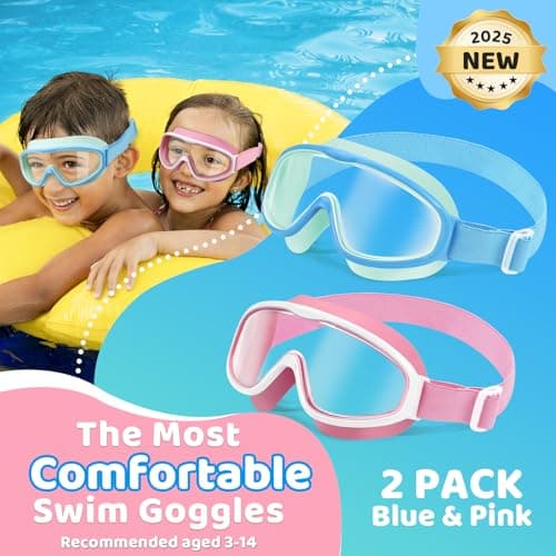 Vvinca Kids Goggles with Comfort Fabric Strap, Kids Swim Goggles Wide View Anti-Fog/UV No Leaking Swimming Goggles for 3-14 - Thumbnail 2