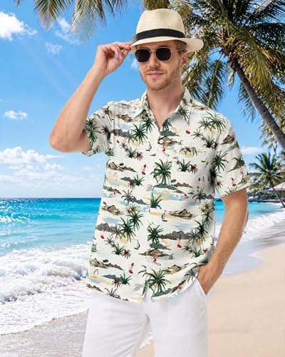 FISHEAL Men's Hawaiian Shirt Short Sleeves, Casual Hawaii Button Down Beach Tropical Shirts for Mens Summer Trip Vacation - Thumbnail 5