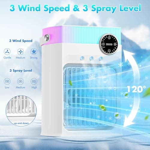 Portable Air Conditioners, Mini Portable AC Unit for Bedroom, 1200ML Small Cooling Fan with Remote, 3 Mist, 3 Speed, 8 Light, 2-8H Timer Personal Cooler Fans for Office Camping Car Desk(Pure White) - Thumbnail 4
