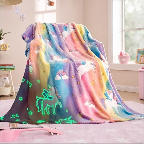 Joiedomi Glow in The Dark Blanket - Unicorns Gifts Toys for Girls Age 2 3 4 5 6 7 8 9 10 11 12 Year Old - Soft Cozy Flannel Kids Throw Blanket, Birthday Bedroom Decor 50"×60" - Image 1