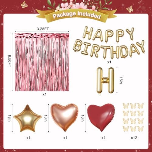 Burgundy Birthday Decorations for Women, Maroon Metallic Rose Gold White Gold Foil Confetti Balloons Happy birthday Banner Gold Butterfly Fringe Curtains Birthday Decorations for Women Girls - Thumbnail 3