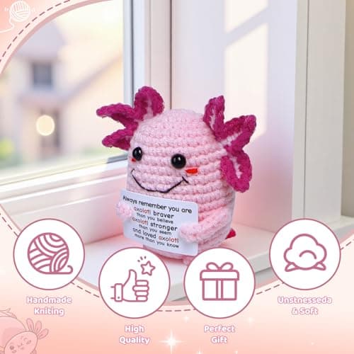 Roqei Mini Crochet Axolotl with Positive Message Card Handmade Motivational Gift for Women Men Teen Birthday Valentines Gifts, Easter Basket Stuffers(Love) - Thumbnail 5