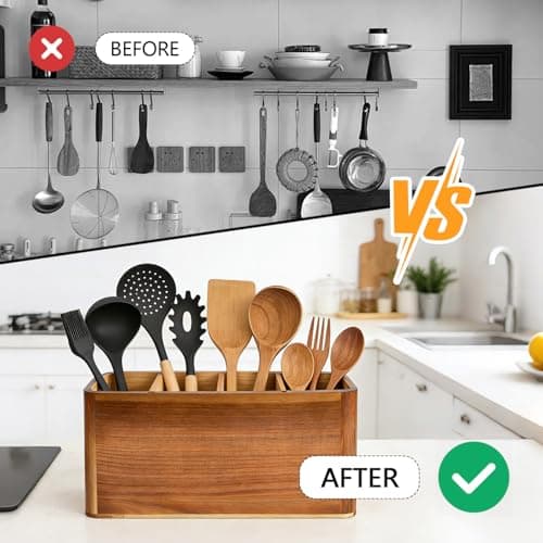 VLXXOI Large 4-Compartment Acacia Wooden Utensil Holder, Rustic Kitchen Counter Organizer, Extra Large Wood Storage Container for Cooking Utensils and Silverware - Thumbnail 5