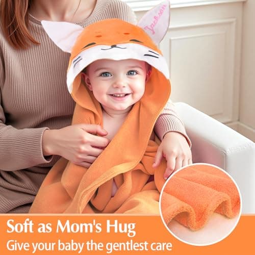 Individz Custom Hooded Bath Towel with Name, Personalized Absorbent Bunny Baby Towels, Soft Shower Towels for Girls Boys, Easter Brithday Gifts for Baby, Toddler, Newborn, Kids (Orange-Fox) - Thumbnail 2