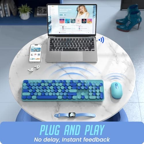 Wireless Keyboard and Mouse, LIZRROT Silent Keyboard Mouse Combo, Full-Sized Colorful Typewriter Keyboard with Round Keycaps, 2.4G Cute Mouse Compatible with PC/Laptop/Computer(Blue) - Thumbnail 5