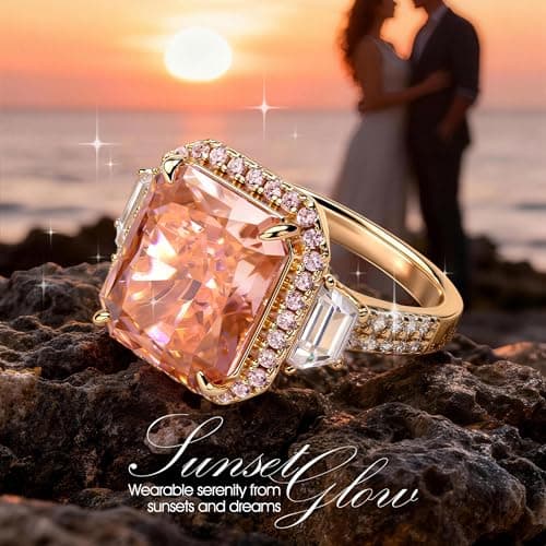 Moissa 8ct Lab Zircon Cocktail Ring 14K Gold Plated Silver Rings for Women Non Tarnish, Radiant Cut Halo Ring for Engagement Anniversary Birthday Party, Jewelry Gift for Wife Her - Peach Pink Padparadscha Sunset Glow Ring - Thumbnail 6