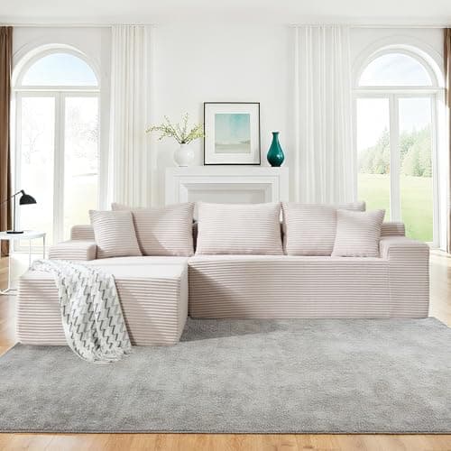 105" Cloud Modular Sectional Couch with L-Shape Chaise, Upholstered Corduroy Couches for Living Room, No Assembly Required Deep Seat Boneless Sofa (Beige, Left Facing Chaise) - Thumbnail 4
