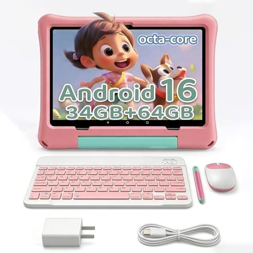 JUNINKE 10 inch Kids Tablet with Keyboard & Stylus, Android 16, 34GB RAM 64GB ROM, 1TB Expandable, Parental Control, 6000mAh Battery, Eye-Care Display, Kids Gift (Pink Case and Keyboard) - Image 1