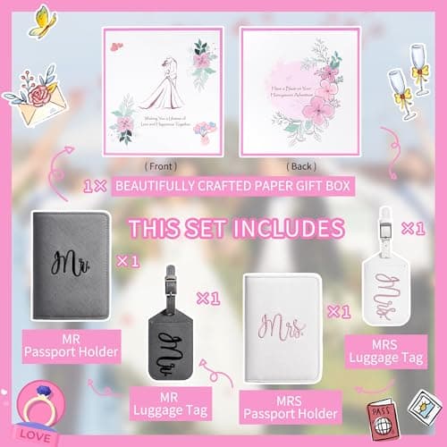 Casmonal Bridal Shower Gifts for Bride, Mr and Mrs Luggage Tags Passport Holders Set, Newlyweds Wedding Gifts for Couples 2026, Cute Engagement Gift Ideas for Travel - Thumbnail 3