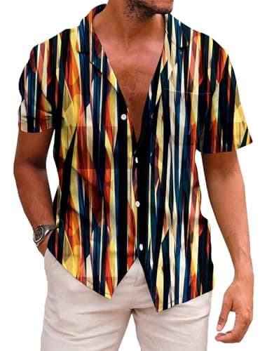 KYKU Bowling Shirt for Men Hawaiian Summer Beach Shirts Button Down with Pockets, Colorful Stripes, XL - Image 1