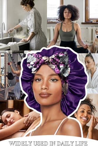 Vettres Silk Bonnet for Sleeping Straight Hair Satin Turban Hair Cover for Sleeping Silk Bonnet with Tie Purple Flower - Thumbnail 6