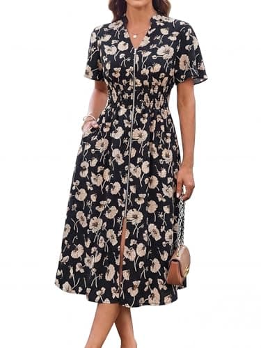 GRACE KARIN Womens Summer Maxi Floral Dress Casual 2026 Long Zipper Dresses Boho Flowy Beach Vacation Sundress with Pockets Black Floral XL - Image 1