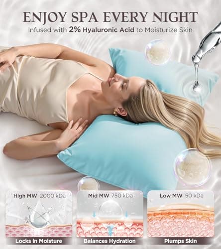 Instant Chill Cooling Pillowcase for Hot Sleepers, 2% HA Infused Pillowcase Hydrates Skin & Hair, Reduces Wrinkles & Frizz, Softer Than Silk Pillow Cases, Pillow Covers Queen (Mint Blue, 1 Pack) - Thumbnail 4