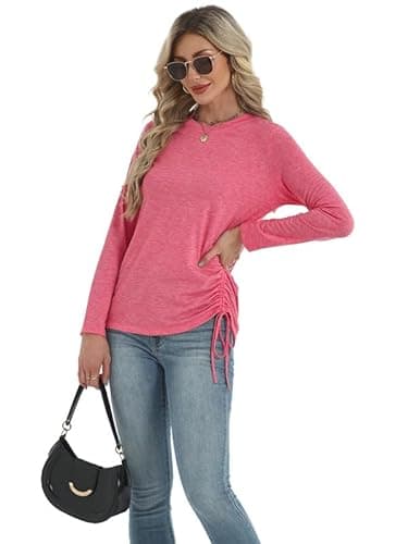 AIZHINENG Womens Long Sleeve Shirts Crewneck Tops Casual Fall Spring Trendy T-Shirts Outfits Clothes 2025 Rose Red - Thumbnail 2