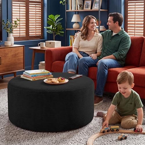 BSHOMGI Round Coffee Table Ottoman for Corduroy Cloud Sectional Couches in a Box Memory Foam Compressed Pouf Footstool Rest for Living Room, Bedroom, Makeup Room No Assembly Require(Black, 32") - Thumbnail 5
