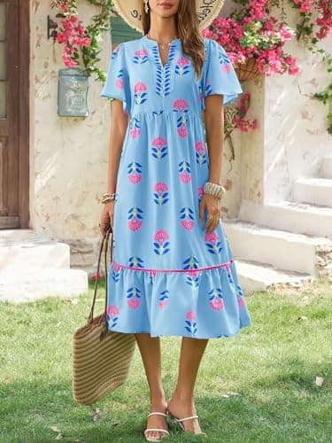 Wenrine Womens Summer Floral Midi Dress Casual Short Sleeve V Neck Flowy Ruffle Boho Beach Sundress with Pockets Light Blue - Thumbnail 4