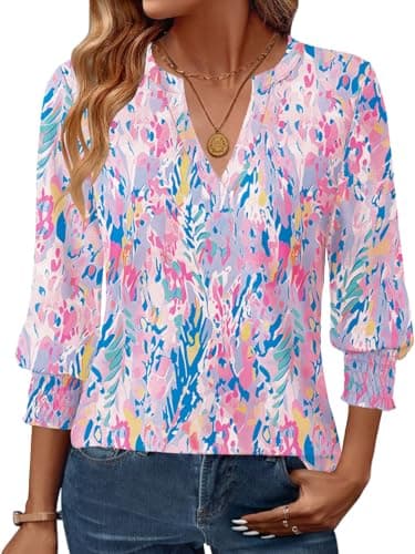 GKBK Womens 3/4 Sleeve Shirts V Neck Dressy Casual Spring Summer Blouses with Smocked Cuffs - Image 1