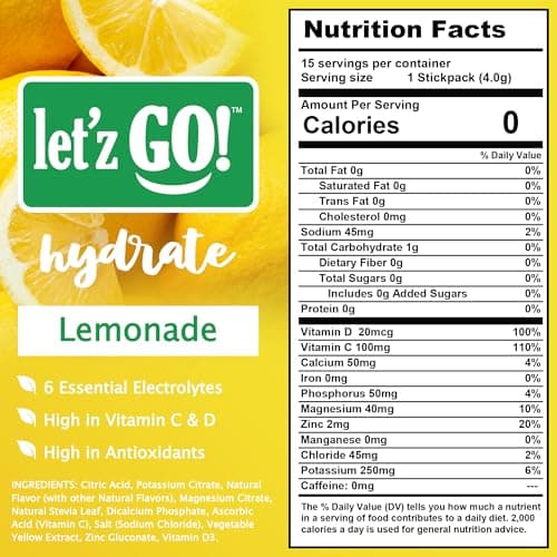 Let'z Go! Hydrate- Natural Hydration + Electrolyte Drink Mix- Hydration + Electrolytes + Antioxidant Powder Packets, Natural Flavors, Vitamins C + D | No Sugar | No Calories | (15 Count) Lemonade - Thumbnail 2