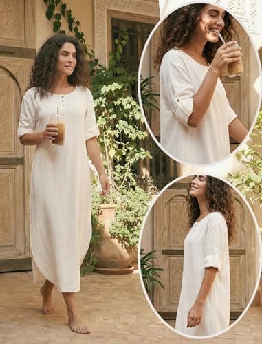 Celmia Cotton Dress for Women Summer 3/4 Sleeve Split Linen T Shirt Dresses Split Hem White Medium - Thumbnail 3