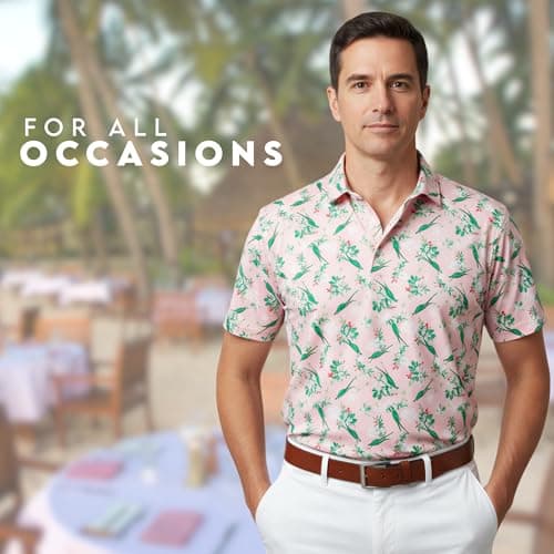 Partner Sportswear Golf Shirts for Men, Short Sleeve Print Moisture Wicking Wrinkle Resistant Collared Shirt, Stylish Cruise and Resort Wear for Men, Royal Parrot (S) - Thumbnail 2