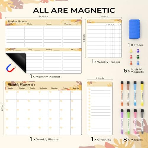 MARSROCK Refrigerator Calendar Magnetic, 16.3x11.7” (4-Pack) – Weekly & Monthly Planner, Chore Chart, Grocery/to-Do List for Fridge, Includes 8 Markers, 6 Magnets & 1 Eraser for Kitchen, Yellow - Thumbnail 5