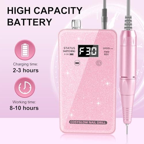 Professional Electric Nail Drill File:COSYGLOW Glitter Portable Cordless E-File Nail Drill Kit with 11 Drill Bits,30000 RPM Rechargeable Nail Drills Machine for Acrylic Nails Gel Polishing (Pink) - Thumbnail 4