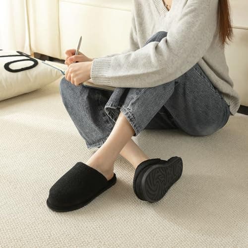 Parlovable Women's Memory Foam House Slippers, Warm Polar Fleece Lined, Faux Fur, Non-Slip Rubber Sole, Indoor Outdoor, Machine Washable Comfort Shoes Black 9-10 - Thumbnail 3