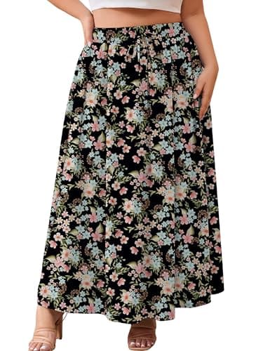 AusLook Plus Size Maxi Skirt for Women High Waisted Elastic Waist Flowy A Line Long Black Ditsy Florals 4X Skirt with Pockets Casual Summer Beach Vacation - Image 1