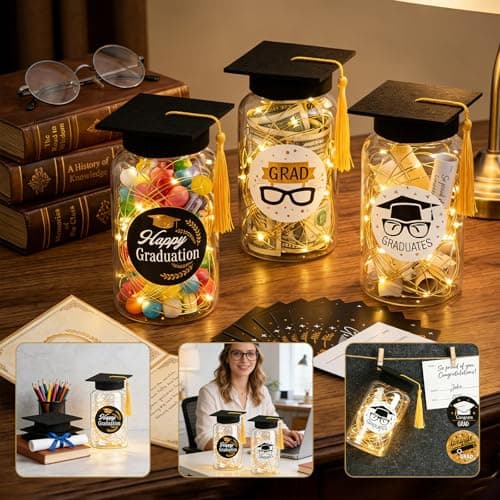 9 Pcs Graduation Centerpieces for Tables with LED Lights, Class of 2026 Graduation Tables Decorations, Mason Jar Style with String Lights, Caps, Note Cards, Stickers & Adhesive Spots (Black Gold) - Thumbnail 6