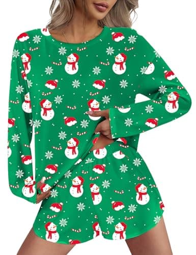 JUSTFASHIONNOW Christmas Pajamas Women Lounge Set 2 Piece Outfits Loungewear Sweatsuit Long Sleeve Snowman Print Pajamas Split Short Sets Soft Casual Crew Neck Sleepwear Pjs (Green, Medium) - Thumbnail 2