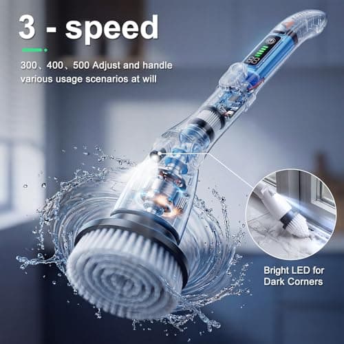 AOZUO Electric Spin Scrubber, Power Cleaning Brush with 3 Speed Modes LED Light, 7 Replaceable Heads Cordless Shower Scrubber, Long Handle Extendable Scrubber for Bathroom, Floor, Tub, Tile, Grout - Thumbnail 2