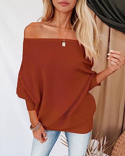 Zenlonr Women's Fall Winter Sweaters 2025 Casual Long Batwing Sleeve Loose Off Shoulder Knit Pullovers Jumper Tops(Orange,Large) - Thumbnail 4
