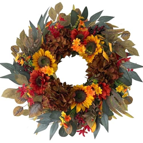 HipTree 24 Inch Fall Wreath for Front Door, Artificial Sunflower & Hydrangea Thanksgiving Wreath with Eucalyptus Leaves, Harvest Autumn Wreath for Indoor Outdoor Porch Farmhouse Home Decor - Image 1