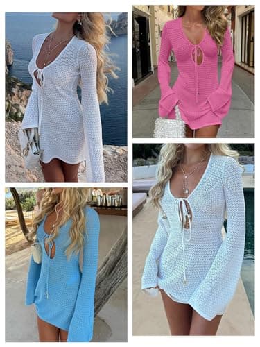 ANRABESS Women’s Crochet Swimsuit Cover Up, V Neck Mesh Knit Beach Dress, Long Sleeve Summer Vacation Beachwear Large Hot Pink - Thumbnail 2