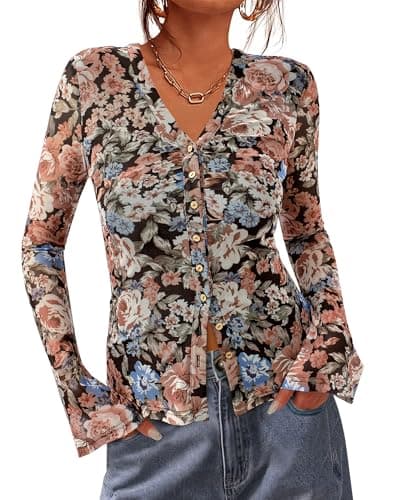 BTFBM Button Down Shirts for Women 2026 Spring Boho Tops V Neck Long Sleeve Blouses Ruched Mesh Fitted Fashion Clothing(Floral Black Orange, Large) - Image 1