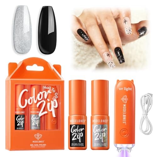 Modelones Black Gel Nail Polish Kit with UV Light, Christmas Silver One Step Gel Polish No Need Base & Top Coat, 3 in 1 Set Glitter Fall Soak Off Nail Lamp Manicure DIY Salon at Home Gift - Image 1